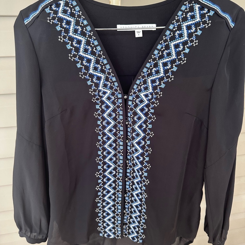 Veronica Beard Black and Blue Embroidered Blouse
